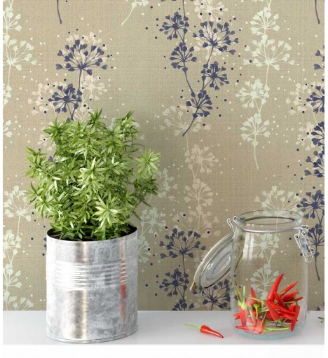 Papel de parede com fundo na cor areia e desenhos em tons azul marinho e marfim - Nature 08