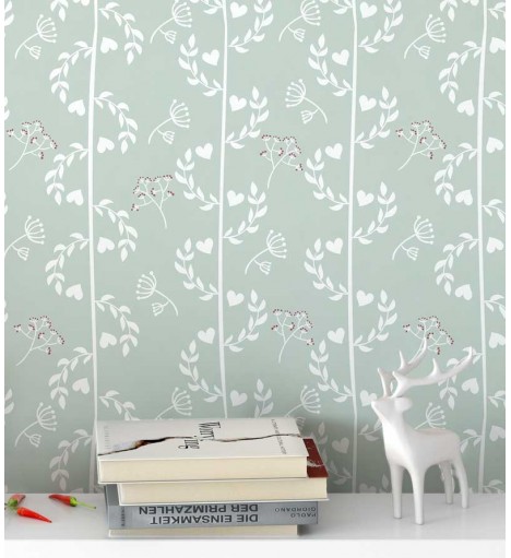 Papel de parede com fundo verde claro e desenhos brancos com pequenos detalhes bordo - Nature 09