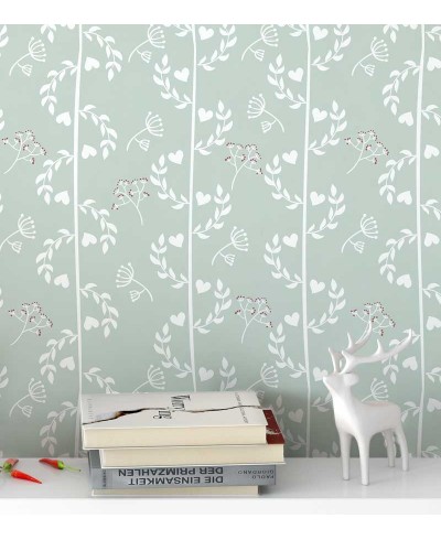 Papel de parede com fundo verde claro e desenhos brancos com pequenos detalhes bordo - Nature 09