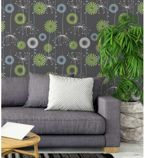 Papel de parede com fundo cinza e escuro e desenhos nas cores, verde, azul e branco - Nature 12