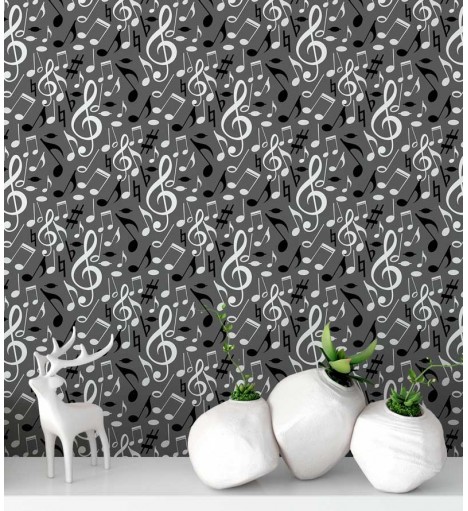 Papel de parede Notas Musicais Claves em Cinza - Preto e Branco - Notas 09