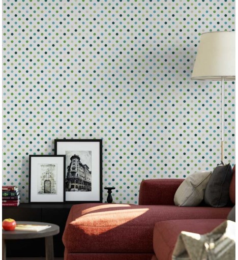 Papel de parede poá com fundo branco claro e desenhos em tons verde e azul - Poá 37