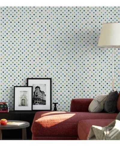 Papel de parede poá com fundo branco claro e desenhos em tons verde e azul - Poá 37 Papel de parede poá com fundo branco claro e desenhos em tons verde e azul - Poá 37