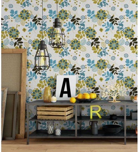 Papel de parede com fundo branco e detalhes em tons de verde, azul e preto - Retro 03