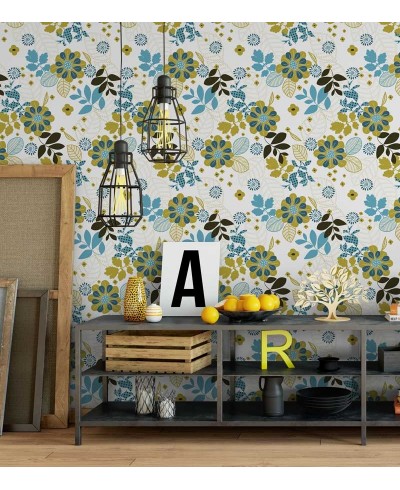 Papel de parede com fundo branco e detalhes em tons de verde, azul e preto - Retro 03