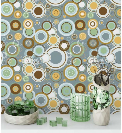 Papel de parede com fundo cinza e detalhes amarelo, verde, azul e branco - Retro 11