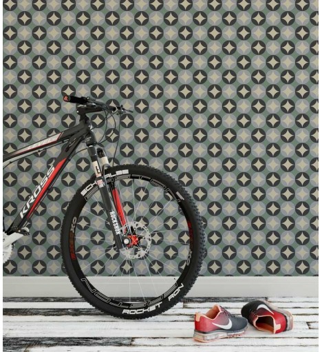 Papel de parede em tons de bege, cinza, preto e verde - Retro 42