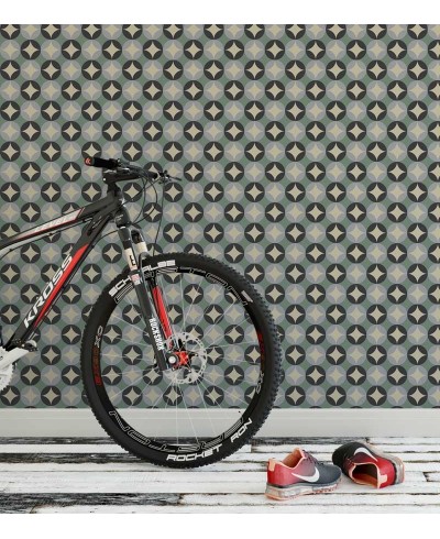 Papel de parede em tons de bege, cinza, preto e verde - Retro 42