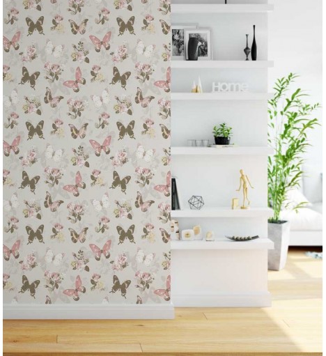 Papel de parede com fundo cinza e desenhos em tons rosa, marrom, branco e amarelo - Retro 63