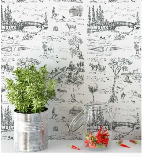 Papel de parede com fundo branco e desenhos em tons acinzentados - Toile 01