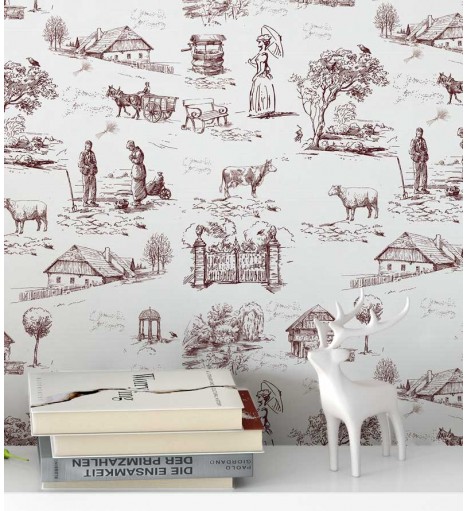 Papel de parede com fundo branco e desenhos em tons vinho - Toile 02