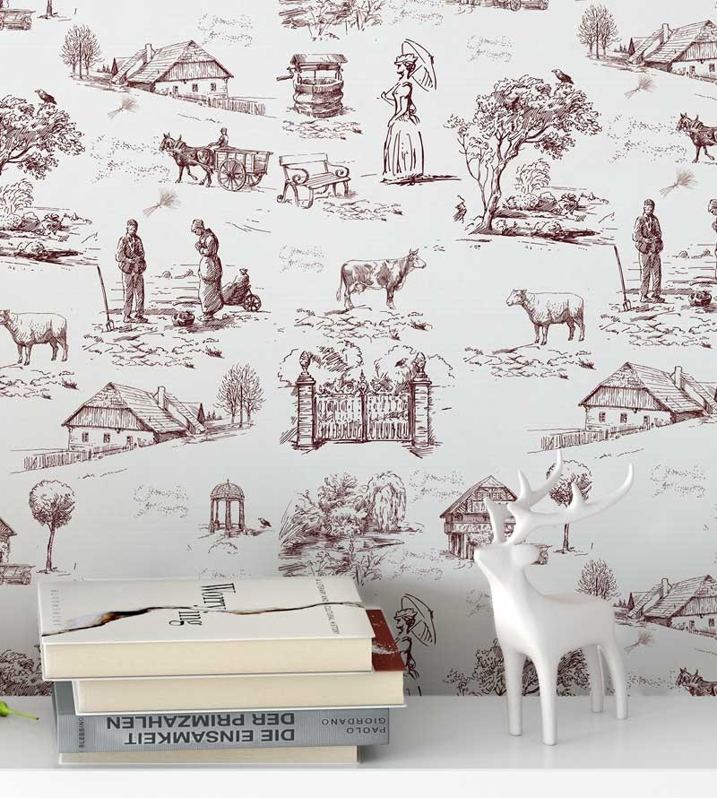 Papel de parede com fundo branco e desenhos em tons vinho - Toile 02