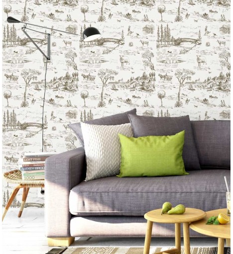 Papel de parede com fundo branco e desenhos em tons marrom escuro - Toile 04