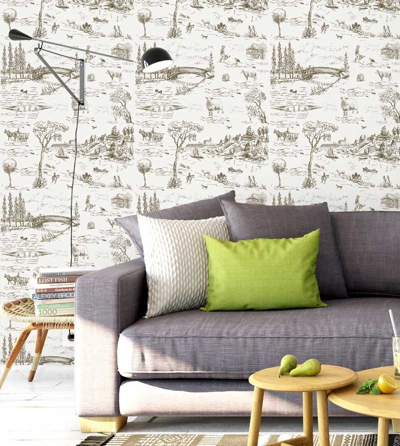 Papel de parede com fundo branco e desenhos em tons marrom escuro - Toile 04