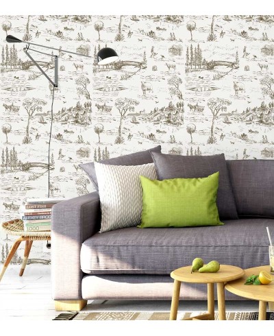 Papel de parede com fundo branco e desenhos em tons marrom escuro - Toile 04