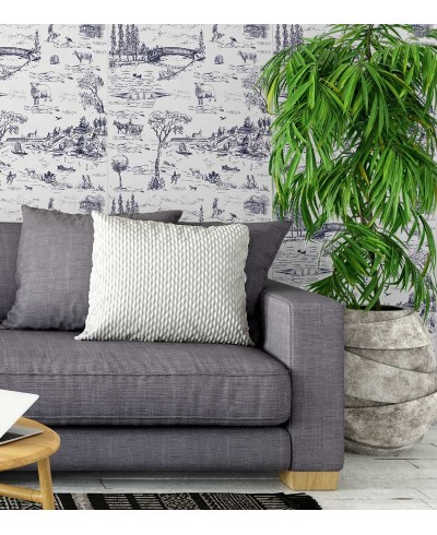 Papel de parede com fundo branco e desenhos em tons azul marinho - Toile 05