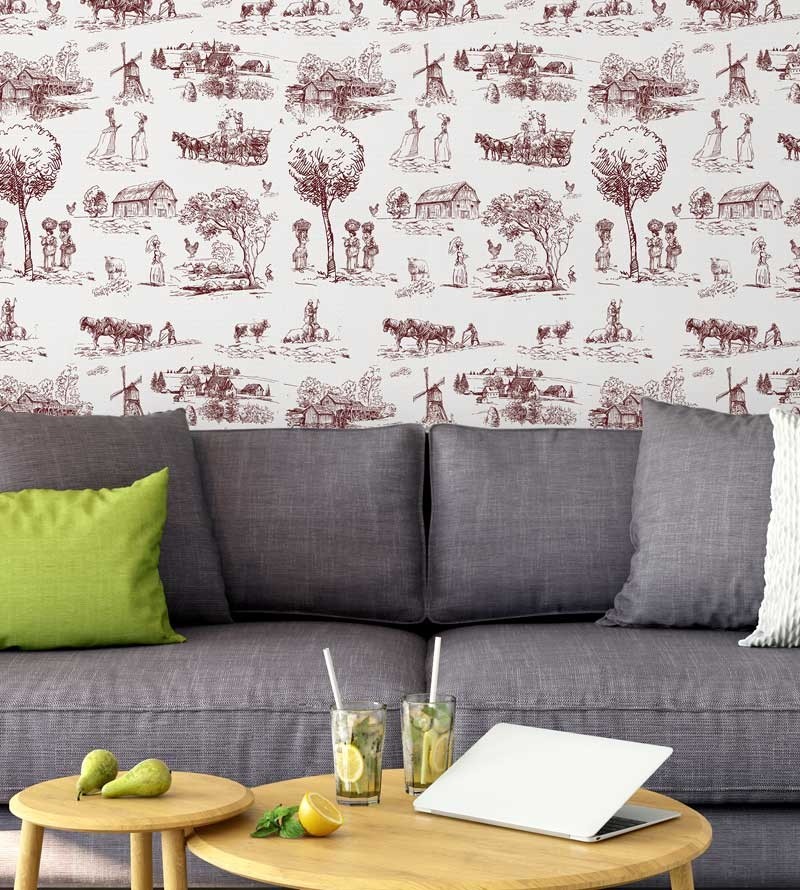 Papel de parede com fundo branco e desenhos em tons bordo - Toile 06