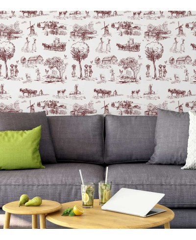 Papel de parede com fundo branco e desenhos em tons bordo - Toile 06