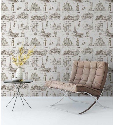 Papel de parede com fundo branco e desenhos em tons cinza