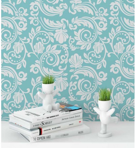 Papel de parede azul turquesa com damask em branco - Turquesa 01