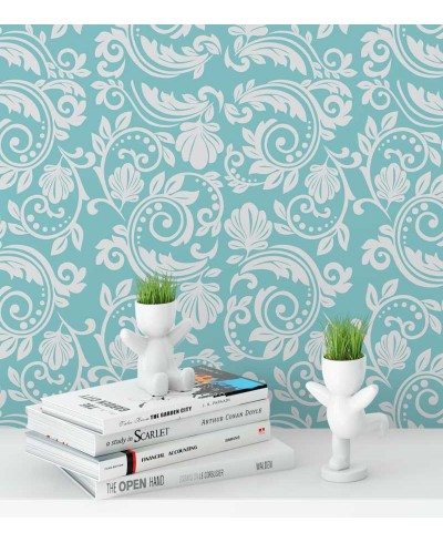 Papel de parede azul turquesa com damask em branco - Turquesa 01