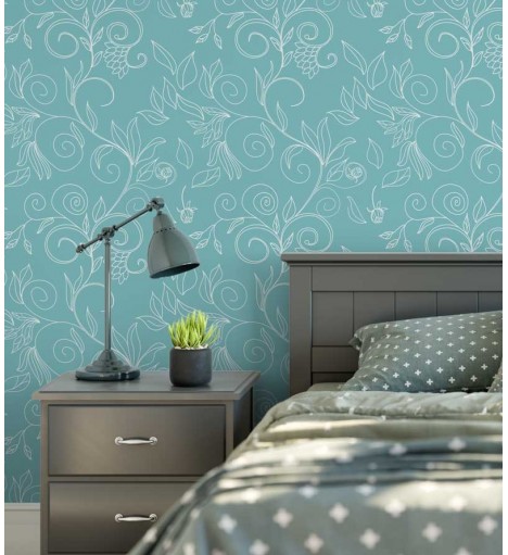 Papel de parede azul turquesa com floral delicado em branco - Turquesa 03