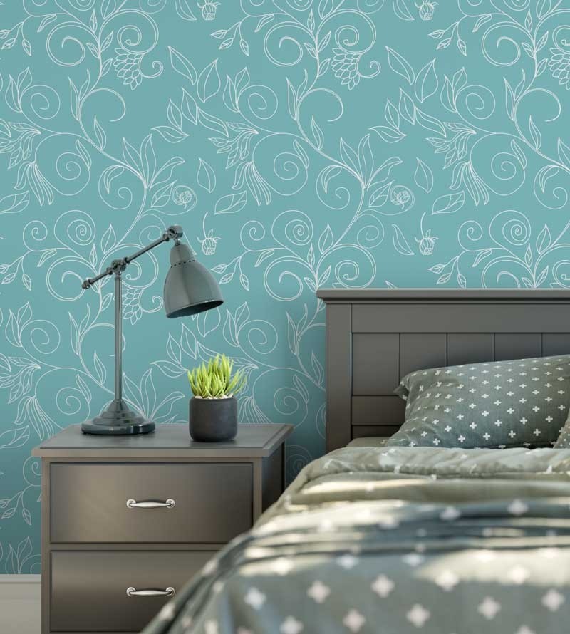 Papel de parede azul turquesa com floral delicado em branco - Turquesa 03