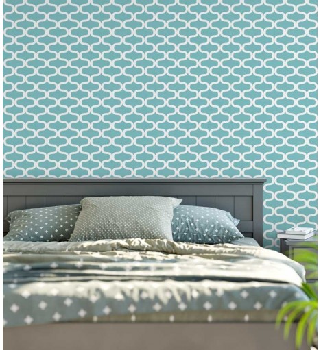 Papel de parede azul turquesa com aramado delicado em branco - Turquesa 04