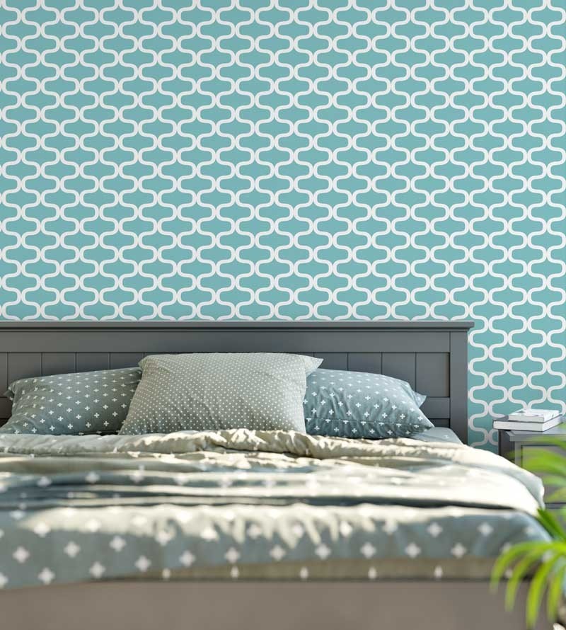 Papel de parede azul turquesa com aramado delicado em branco - Turquesa 04