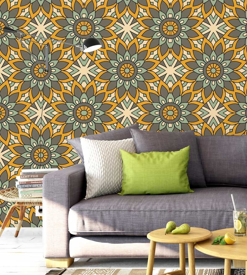 Papel de Parede Mandala com fundo em mosaico desenhado nas cores amarelo, marrom, verde e bege