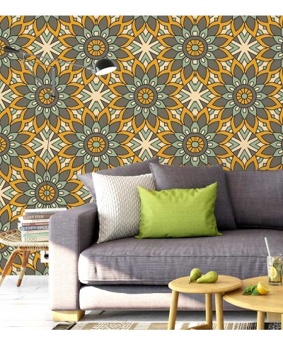 Papel de Parede Mandala com fundo em mosaico desenhado nas cores amarelo, marrom, verde e bege