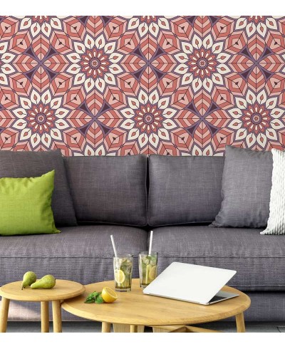 Papel de Parede Mandala com fundo em mosaico desenhado nas cores vermelho, branco, rosa e roxo