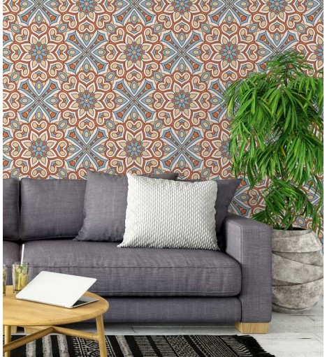 Papel de Parede Mandala com fundo em mosaico desenhado nas cores azul, laranja, branco e bege.