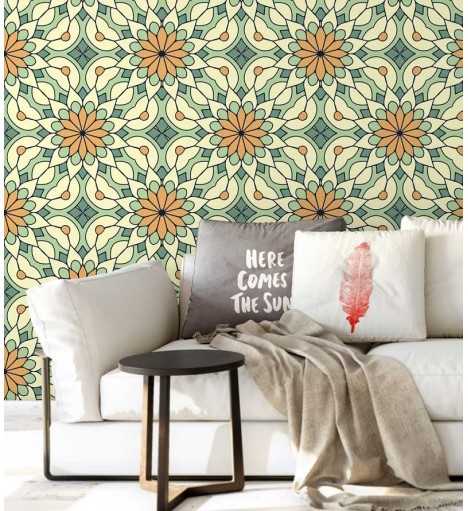 Papel de Parede Mandala com fundo em mosaico desenhado nas cores bege, laranja e em tons de verde.