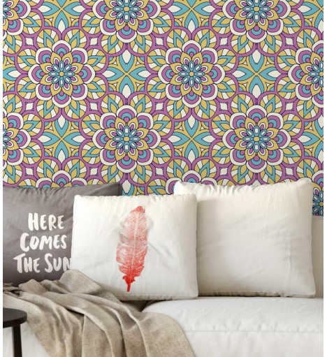 Papel de Parede Mandala com fundo em mosaico desenhado nas cores rosa, branco, azul e amarelo
