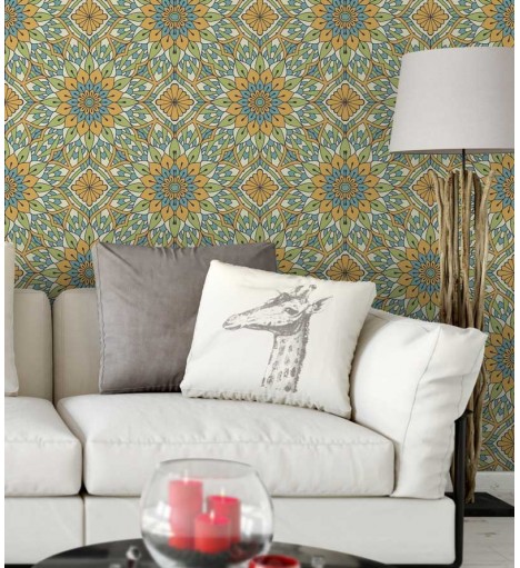 Papel de Parede Mandala com fundo em mosaico desenhado nas cores azul, amarelo, verde e branco.