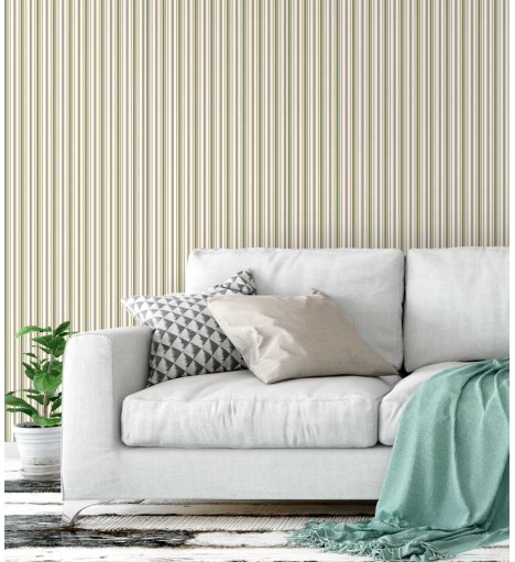 Papel de parede listrado bege, rosa e verde