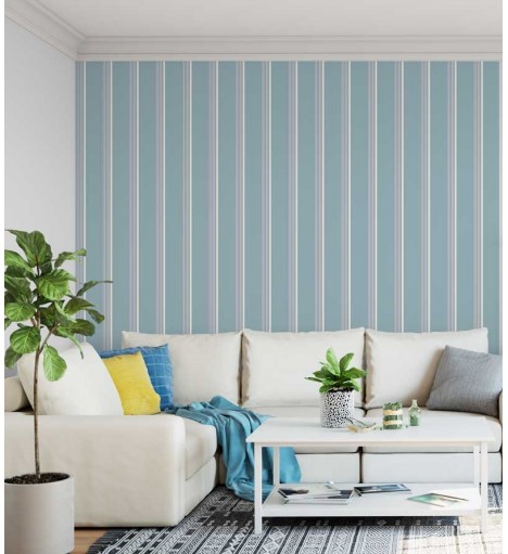 Papel de parede listrado azul, rosa bebê e branco