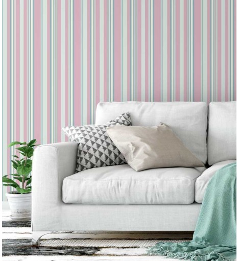 Papel de parede listrado rosa bebê, azul, e branco