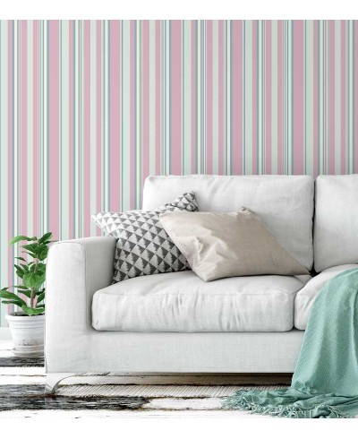 Papel de parede listrado rosa bebê, azul, e branco