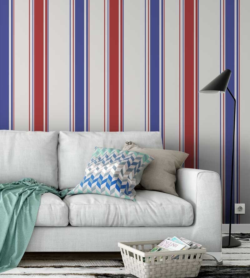 Papel de parede listrado azul, branco e vermelho