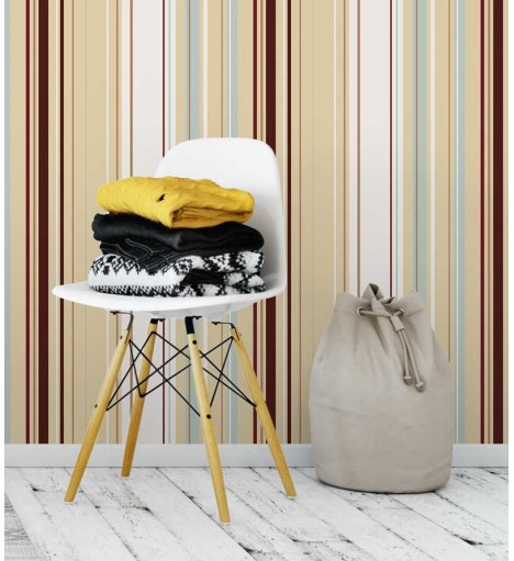 Papel de parede listrado nude, vermelho, marrom e cinza