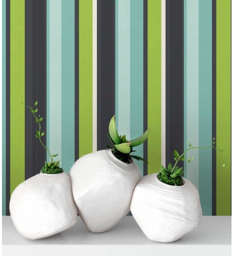 Papel de parede listrado verde, azul, branco e cinza escuro