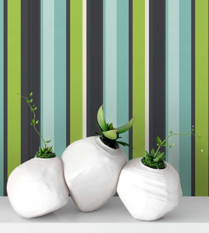 Papel de parede listrado verde, azul, branco e cinza escuro