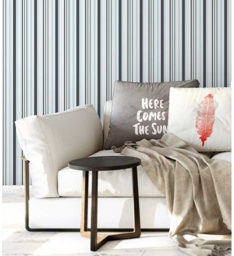 Papel de parede listrado azul, cinza escuro e branco