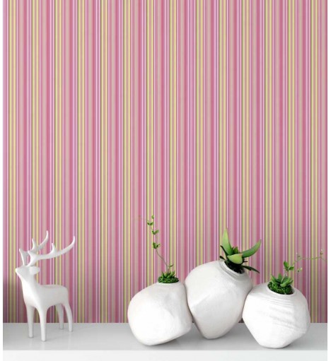 Papel de parede listrado rosa, amarelo e verde