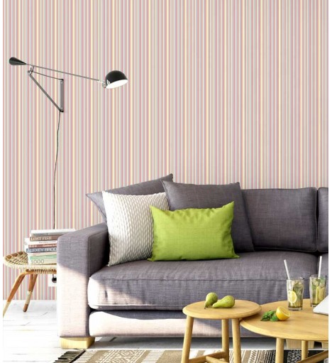 Papel de parede listrado rosa, amarelo e azul claro