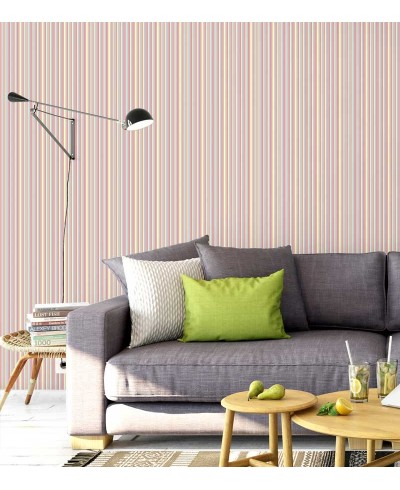 Papel de parede listrado rosa, amarelo e azul claro