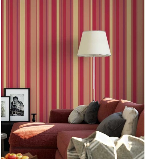 Papel de parede com listras em tons de vermelho, amarelo, roxo e bege - Listrado 48