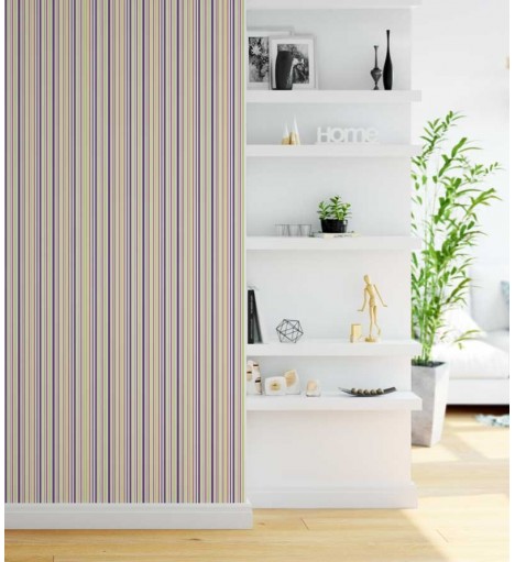 Papel de parede com listras em tons de verde, amarelo, roxo, rosa e branco - Listrado 90